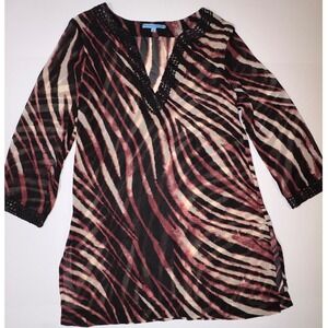 Antonio Melani Zebra Print Embellished Neckline Sheer Tunic Top Size S